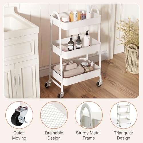 NEWBULIG 3-Tier Metal Rolling Cart with Lockable Wheels, Heavy Duty Mobile Utility Storage Shelf, Roller Book Snack Cart, Organization for Livingroom, Bathroom, Office, White - Image 2