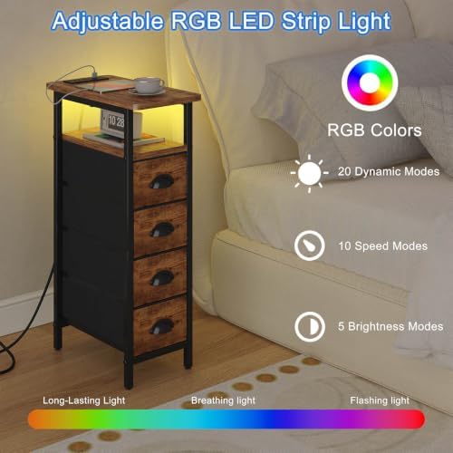 sthmec Side Table with Charging Station, Narrow End Table with 4 Drawers, LED Nightstands with Fabric Drawers,Slim Sofa Couch Side Tables for Small Spaces,Living Room,Bedroom,Rustics Brown - Image 5