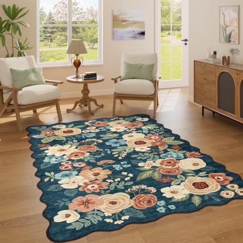 DUKINO 4x6 Area Rug, Non Slip Floral Washable Living Room Rug Prussian Blue by DUKINO