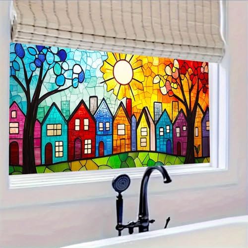 HOMETITUTE Colorful Houses Stained Glass Window Cling 39.3x17.7 Inch PVC - Image 5