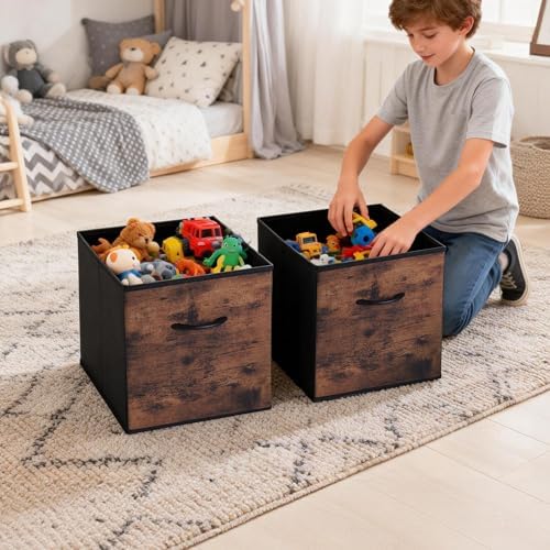 WUIKE 13-Inch Rust Brown Cube Storage Bins, Wood Print Front, 4-Pack - Image 7