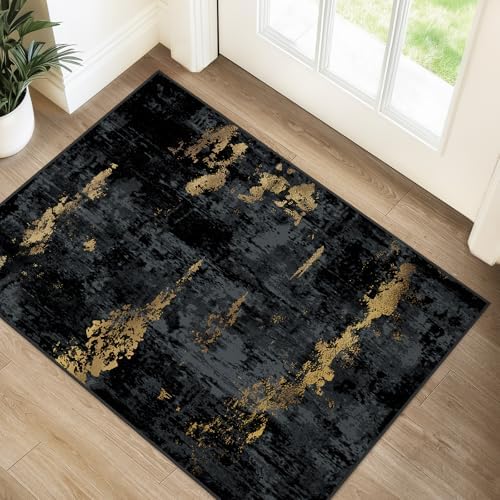 RELEANY Washable 2'x3' Abstract Area Rug for Living Room Black Gold by RELEANY