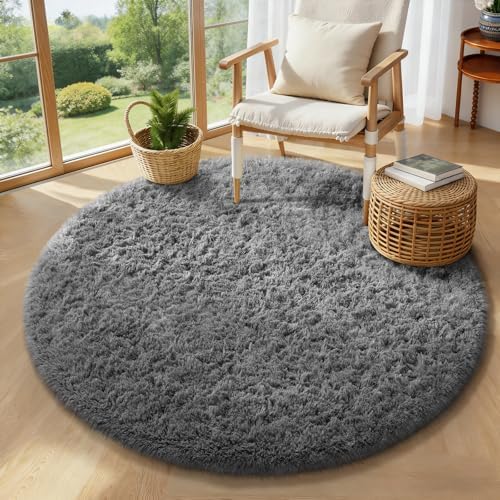 Ophanie Round Rug 4Ft Grey Circle Area Rugs, Fluffy Fuzzy Small Bedroom Carpet 4 Foot, Plush Shag Floor Gray Living Room Christmas Circular Aesthetic Decor for Kids Teen Boys Baby, Nursery, Classroom by Ophanie