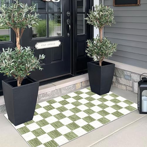 Front Door Mat Indoor Entrance - 2x4.3 Ft Green White Checkered Rug - Image 4
