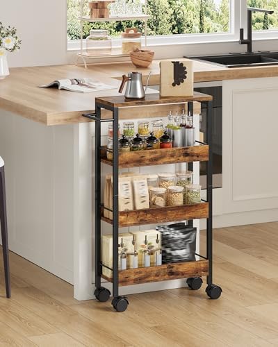 CHOEZON 4-Tier Slim Storage Cart, 7.1'' Kitchen Serving Trolley, Slim Rolling Cart with Handle and Guard Rails, Slim Cabinet for Small Spaces, for Dining Room, Rustic Brown and Black TTC02BF - Image 4