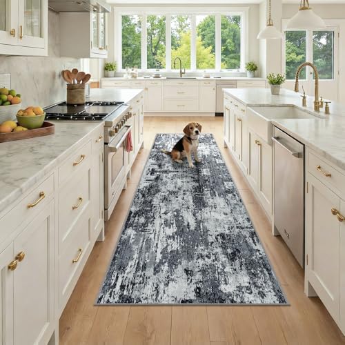 RELEANY Washable Runner 2'6"x8' Abstract Area Rug for Hallway Black White by RELEANY