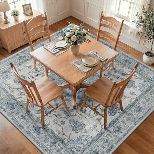 RELEANY Washable Area Rug, Square 7'x7', Blue/White/Gray by RELEANY