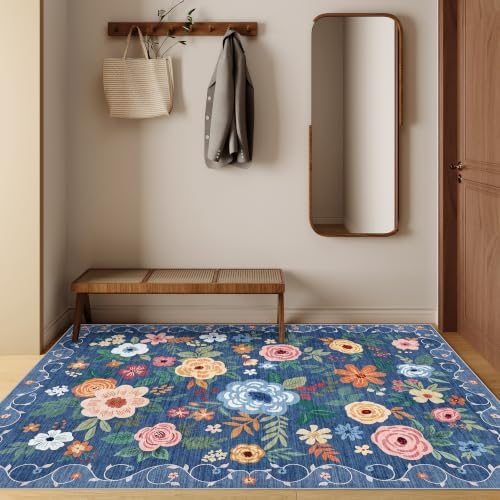 DUKINO 3x5 Area Rug, Floral Washable Rug for Bedroom Non Slip, Blue - Image 5