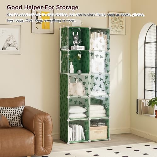 C&AHOME Clover Embossed Storage Organizer with Doors 10-Cube Shelf Green - Image 5
