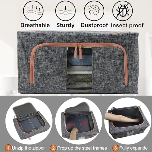 Linen Clothes Storage Bins, 4PCS Sturdy Closet Organizers and Storage Bin with Metal Frame, 2 Opening Ways Fabric Visible Lidded Storage Box for Organizing Clothing,Jeans,Sheets (4PC Gray, 22Liters) - Image 3