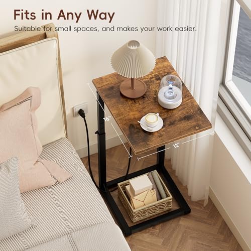 Vagusicc C Shaped End Table with Charging Station, 33"Tall Side Table for Couch, C-Table End Table Adjustable Height Side Table,Slide Under Couch Table TV Tray Table for Sofa,Living Room,Bedroom,Brown - Image 6