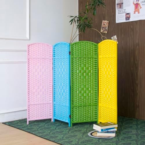 4-Panel Short Room Divider, 3.9 ft Freestanding Partition Wall, Colorful Rattan Double-Sided Folding Screen for Living Room, Bedroom & Corner Privacy by Loomveil