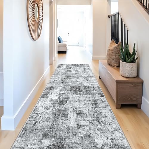 Rug Runners for Hallways Non Slip – 3X10 Washable Long Carpet Runner for Kitchen Indoor Entryway, Bedroom, Living Room,Modern Abstract Low-Pile Thin Grey Runner by ZHXXUJ