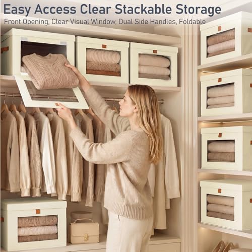 DIMJ Storage Bins with Lids - 6 Pack Front Opening Stackable Fabric Storage Boxes with Clear Window & Handles, Collapsible Closet Organizers for Clothes, Sweaters, Shelf Storage, Bedroom, Beige - Image 2