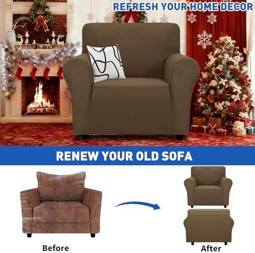 MAXIJIN Stretch Chair Cover Chair Slipcovers with Arms, 1-Piece Couch Sofa Chair Covers for Living Room, Non Slip Armchair Cover (31"-46") Furniture Protector Dogs Pet Friendly (Chair, Brown) - Image 2