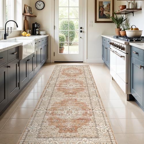 3x10 Washable Hallway Runner Rug - Non-Slip Vintage Rugs Terracotta Beige by Puino
