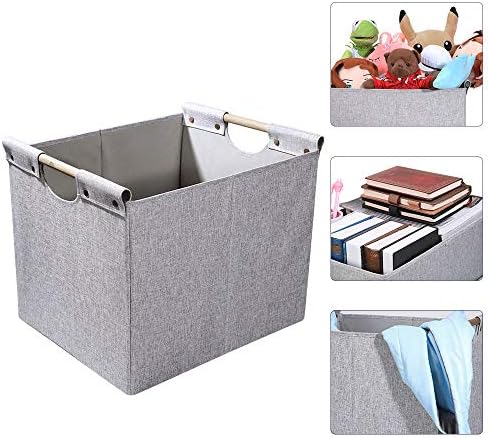 HOONEX Large Foldable Storage Bins, Linen Fabric, 2 Pack, with Wooden Carry Handles and Sturdy Heavy Cardboard, for Home, Office, Car, Nursery, Light Grey - Image 3