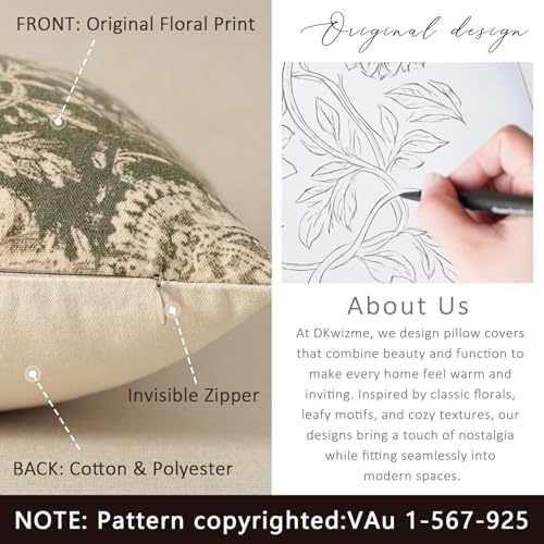 Vintage Floral Print Throw Pillow Covers 16x16 Set of 2 Neutral Modern Farmhouse Accent Decorative Cushion Covers Boho Home Decor for Couch Sofa Chair Bed Living Room, Olive Green - Image 3