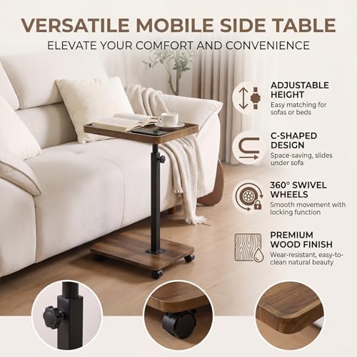 C Table End Table Adjustable Height, 360°Swivel TV Tray Table Couch Tables C Shaped Side Tables Living Room and Bedroom for Sofa, Bed,Chair (Retro Brown) - Image 3