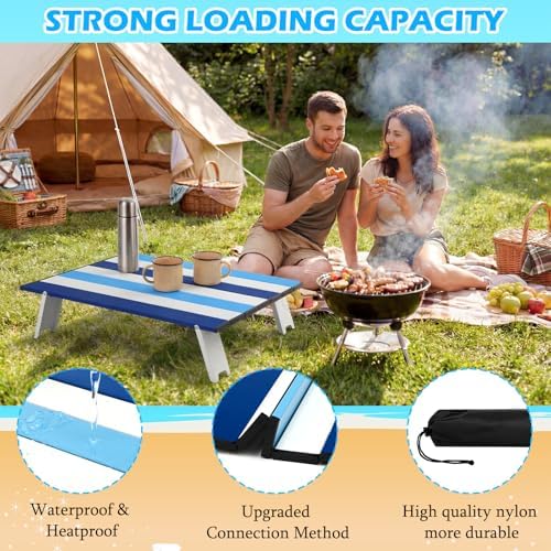 CroBlissful Beach Table Folding Camping Portable Table Striped White Aluminum Side with Carry Bag for Summer Camping Picnics and Outdoor Activities(22x16x5 in,Navy Blue) - Image 5