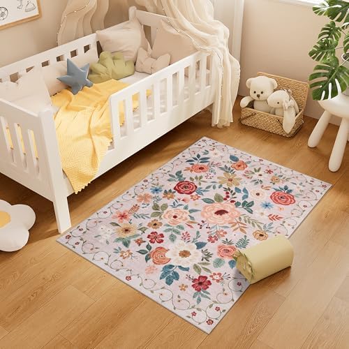 DUKINO 3x4 Area Rug, Floral Washable Rug for Kitchen Non Slip, Beige - Image 6