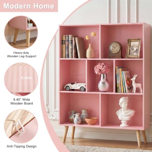 YAHARBO Light Pink Bookshelf,3 Tier Book Shelf with Legs, 7 Cube Minimalist Bookcase,Storage Organizer Shelves Display Bookcases for Bedroom,Living Room - Image 5