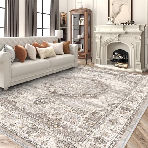 Area Rugs 9x12 Living Room：Machine Washable Rug - Soft Carpet for Bedroom - Waterproof Stain Resistant Vintage Distressed Area Rug 9'x12' Beige by YOUFORTONG