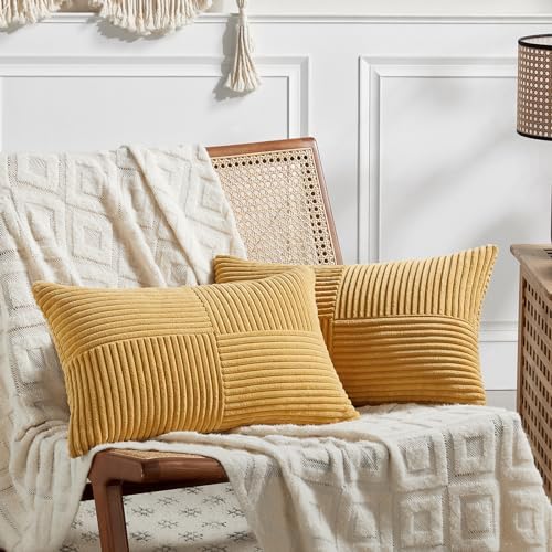Fancy Homi 2 Packs Gold Yellow Lumbar Decorative Throw Pillow Covers 14x24 Inch for Couch Bed Sofa, Rustic Farmhouse Boho Spring Home Decor, Soft Striped Corduroy Rectangle Accent Cushion Case 35x60cm by Fancy+Homi