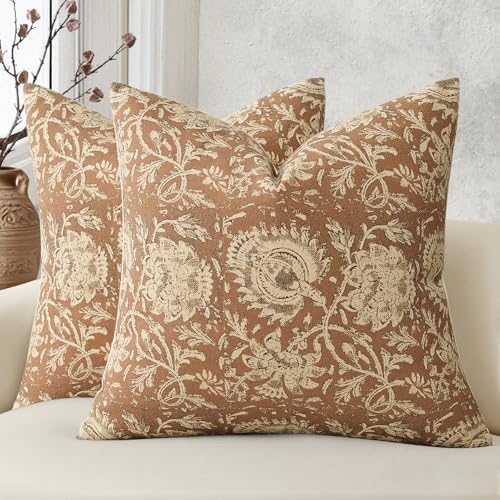 Vintage Floral Print Throw Pillow Covers 22x22 Set of 2 Neutral Modern Farmhouse Accent Decorative Cushion Covers Boho Home Decor for Couch Sofa Chair Bed Living Room, Cognac by DKwizme