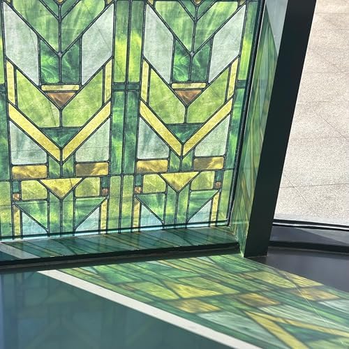 Faux Stained Glass Effect Transparent Window Film, Original Hand Drawn Static Cling Home Decal Inspired by Frank Lloyd Wright, 22.83" x35.43" Martin House, Green - Image 2