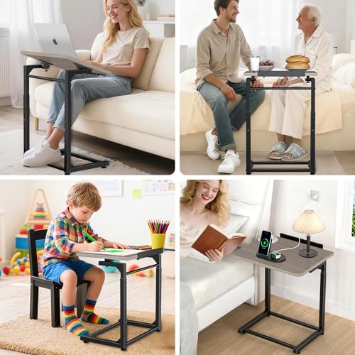 Tv Tray Table Set of 2, 8-Level Adjustable Height Couch Side Table，90° Tilt Angle Adjustments C-Shaped End Table, with Phone & Tablet Slot Computer Desk for Sofa, Bed, Chair, Living Room（Lvory Gray） - Image 4