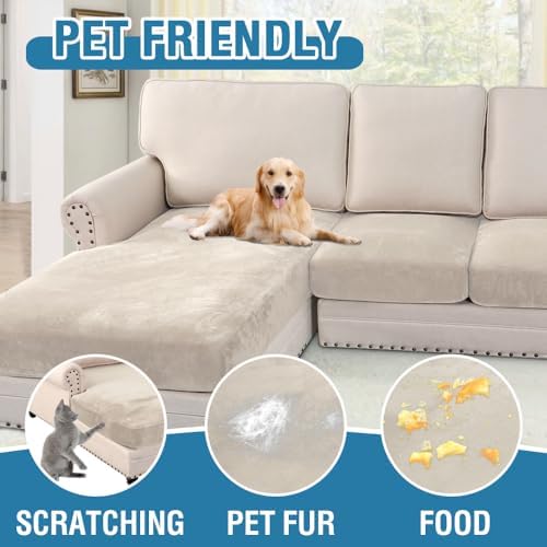 H.VERSAILTEX Velvet Stretch Sectional Couch Covers 3 Pieces Sofa Seat Cushion Covers L Shape Separate Cushion Couch Cover for Both Left/Right Sectional Couch (Large Sofa 2 Seater + 1 Chaise, Ivory) - Image 3