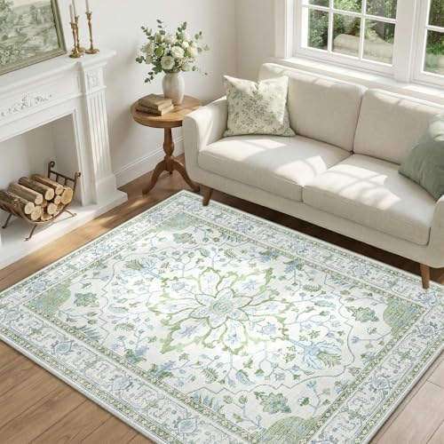 RELEANY Washable Area Rug, 4'x6', Green/White/Blue - Image 2