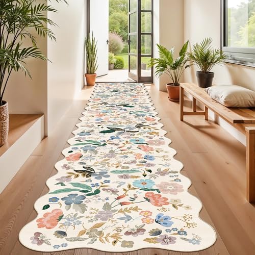 Hallway Floral 2'6x14 Runner Rugs: Washable Scalloped Soft Carpet with Non-Slip Backing for Entryway Kitchen Stain-Resistant Bedroom Floor Mat – Gifts for Newlyweds/Household Home Dcor (2'6x14,Cream) by HYHAOYUNLAI