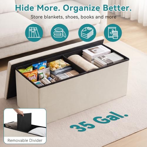 OLIXIS 43 Inch Folding Storage Ottoman Bench, Beige Ottoman with Storage - Image 5