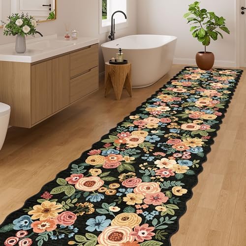 DUKINO 2.6x12 Washable Runner Rug, Floral Non Slip Long Kitchen Rug, Black - Image 5
