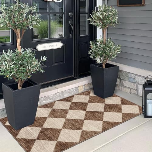 Front Door Mat Indoor Entrance - 2x4.3 Ft Brown Beige Diamond Rug - Image 4