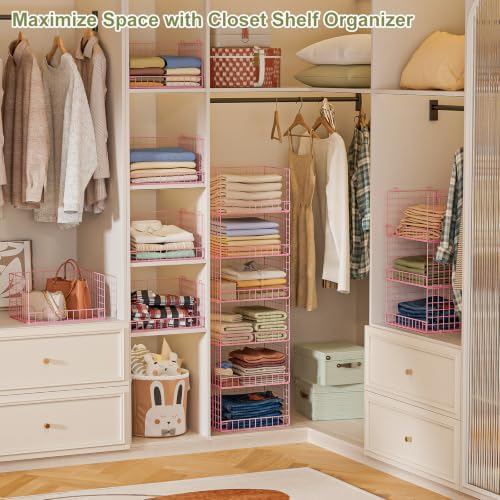 4-Tier Closet Organizers and Storage, Stackable Closet Organizer Basket, Foldable Closet Shelf Organizer Basket, Stackable Storage Bins and Organizer Shelves for Home Closet Organizer System, Pink - Image 5