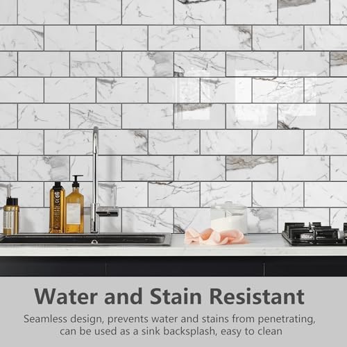 STICKGOO Subway Tile Peel and Stick Backsplash, Glossy White Marble PVC Self Adhesive Tile Backsplash, Stick on Tile for Kitchen and Bathroom(10 Sheets) - Image 4