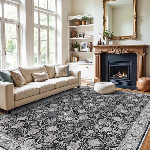 Washable Large 9x12 Area Rug: Indoor Oriental Living Room Carpet with Non Slip Backing Ultra Soft Low Pile Rugs for Bedroom Dining Room Distressed Stain Resistant Thin Floor Mat (9x12 Black) - Image 4