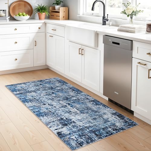 2x5 Washable Kitchen Runner Rug – Non-Slip Rubber Backing Low-Pile Soft Small Rug for Hallway Bathroom Bedroom Entryway Laundry Room – Modern Neutral Abstract Thin (Navy Blue) by ZHXXUJ
