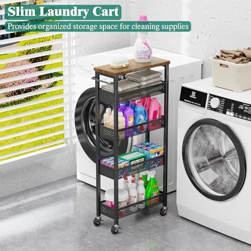 Giwil Slim Storage Cart 5 Tier Narrow Kitchen Rolling Cart on Wheels for Small Space, Metal Utility Cart Narrow Bathroom Storage Cabinet Mobile Shelf Unit Organizer with Wood Top and Handle, Black - Image 3