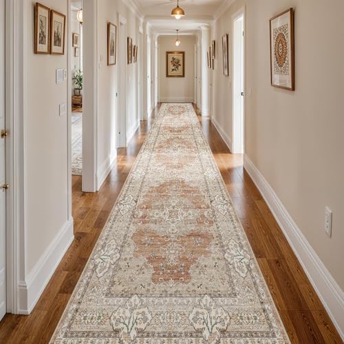 3x20 Washable Hallway Runner Rug - Non-Slip Vintage Rugs Terracotta Beige - Image 3