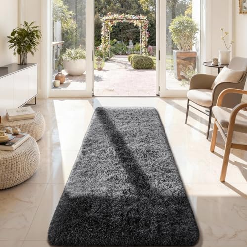 Ophanie Runner Rug for Hallway,2x7 Washable Non-Slip Fluffy Soft Bedside Rugs,Bedroom Living Room Shaggy Carpet for Kids Girls Boys Dorm Nursery Home Decor Aesthetic Grey with Over 99 pcs Pile fibers - Image 2