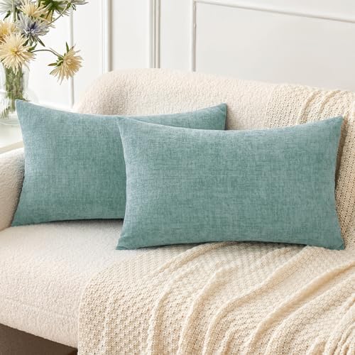 MIULEE Soft Chenille Lumbar Throw Pillow Covers Aqua Green 12x20 Pack of 2 by MIULEE