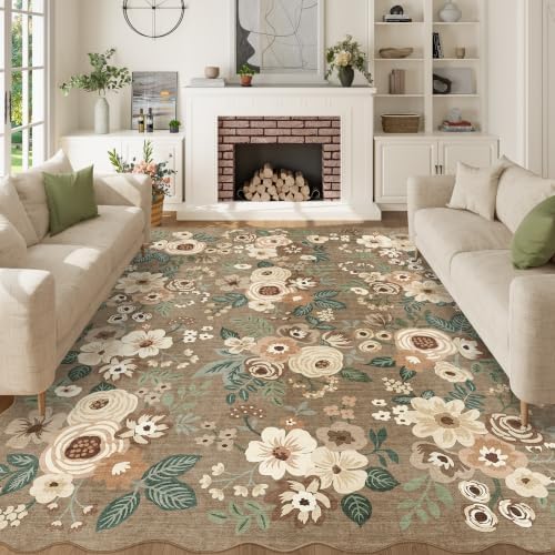 DUKINO 8x10 Area Rug for Living Room, Soft Floral Washable Rug, Light Taupe by DUKINO