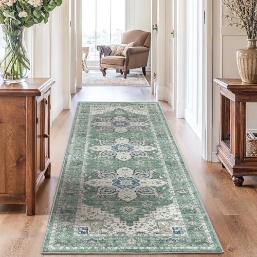 AMADA HOMEFURNISHING 2'6"x10' Washable Area Rug, Low-Profile Entryway Rug with Non-Slip Backing & Durable Edge Binding, Vintage Rug Pattern, Small Rugs for Entryway, Kitchen & Living Room by AMADAHOMEFURNISHING