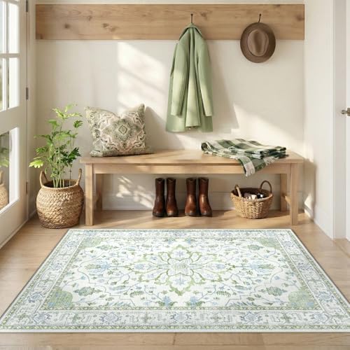 RELEANY Washable Area Rug, 3'x5', Green/White/Blue - Image 3