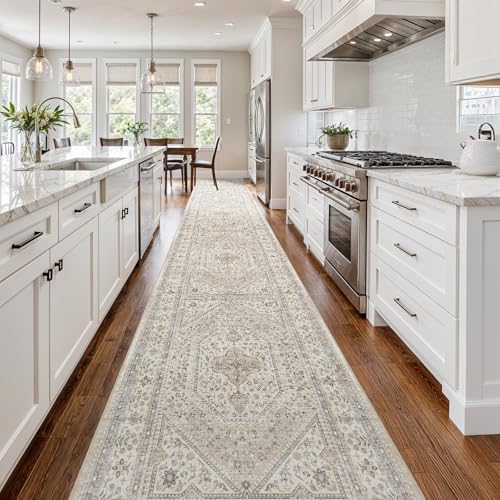 3x20 Washable Hallway Runner Rug - Non-Slip Vintage Kitchen Rugs Beige Gray - Image 2