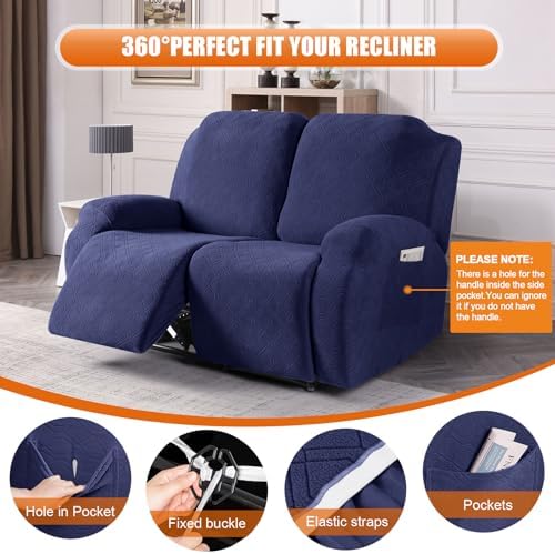 VANSOFY Stretch Recliner Loveseat Cover, Slipcover, Navy Blue, 2 Seater - Image 6